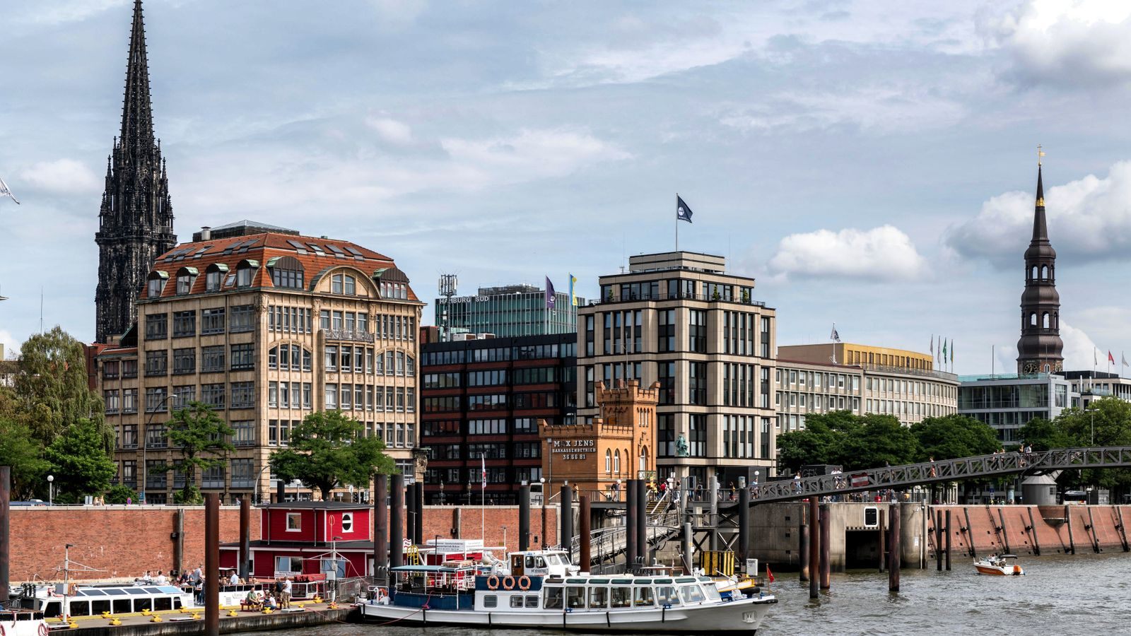 Hamburg harbor front with church spires and harbor boats, home of Seatrade Europe